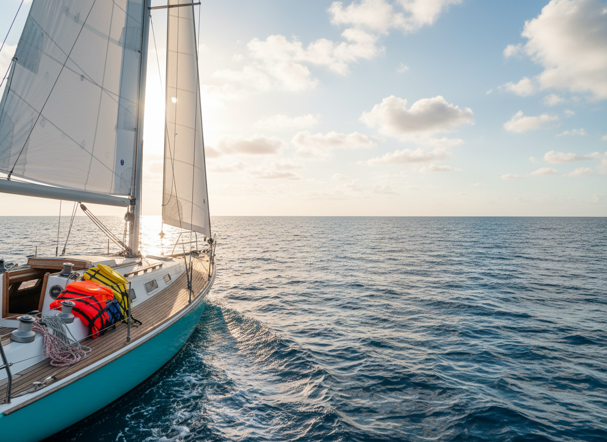 A sturdy mid-sized sailboat with crisp white sails and a bright teal hull glides across calm, deep-blue ocean water, its hull slicing a gentle V-shaped wake. The deck is neatly arranged with colorful life vests, coiled ropes, and a polished wooden tiller, emphasizing readiness and safety without showing any people. Late afternoon golden-hour sunlight bathes the boat and water, creating sparkling highlights on tiny waves and long, soft reflections. Photographed from a slightly elevated side angle in photographic realism, the composition uses the rule of thirds, with the boat moving into open space, evoking freedom, playfulness, and peaceful escape on the sea under a wide, partly cloudy sky.