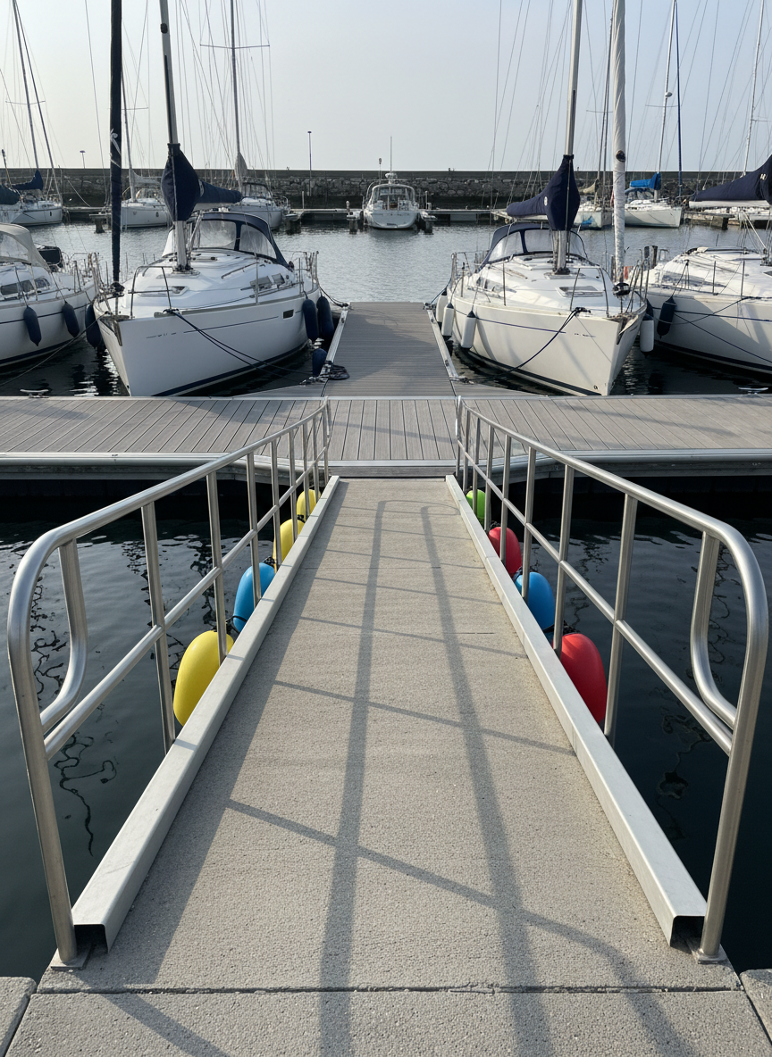 A thoughtfully designed accessible marina entrance captured in photographic realism, with a smooth, gently sloping ramp leading down to a floating dock where several modern sailboats are moored, all without any people present. The ramp has sturdy metal railings with soft, rounded edges and non-slip textured surfacing, while bright, playful buoy-shaped markers line the sides in cheerful colors. Late morning sunlight creates soft highlights along the railings and subtle shadows beneath, emphasizing clear, barrier-free entry. The water below reflects the hulls in slightly distorted, shimmering patterns. Shot from the top of the ramp looking down, the composition guides the viewer’s eye naturally toward the boats, conveying welcome, accessibility, and anticipation of inclusive ocean adventures.