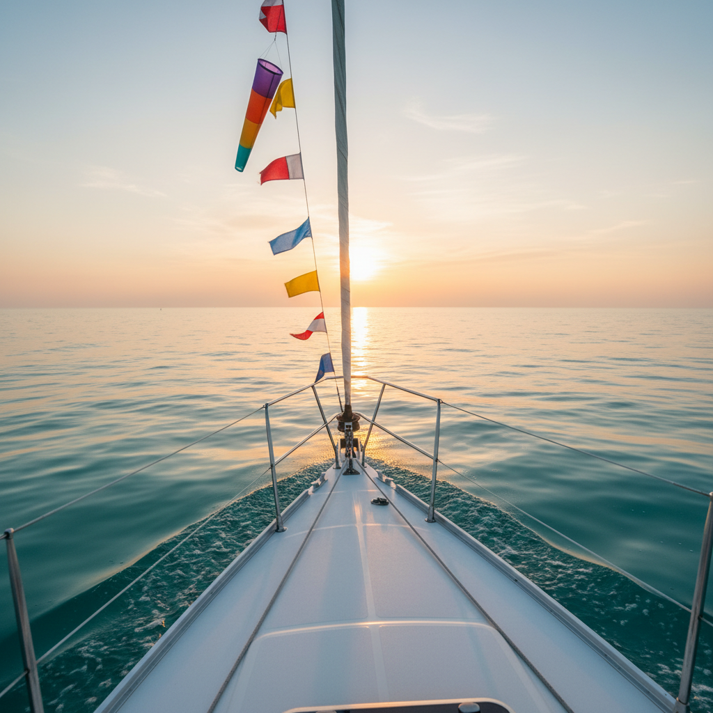 A quiet, serene moment at sea captured from the bow of a sailboat in photographic realism, with no people visible. The pointed white bow cuts gently through glassy turquoise water, leaving a delicate, feathered wake. A small, colorful windsock and a string of playful nautical flags flutter softly from the forestay, their vibrant reds, yellows, and blues contrasting against the soft pastel sky of early evening. The low, warm sunset light creates a golden path across the water, enhancing the reflective, healing mood. Shot from a low angle looking forward, the composition draws the viewer outward toward the open horizon, evoking calm, hope, and the soothing, restorative power of being on the ocean.