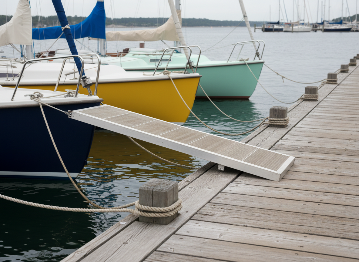 A cozy harbor dock scene featuring a small fleet of docked sailboats, each with different colored hulls—navy blue, sunshine yellow, and seafoam green—tied with thick braided ropes to weathered wooden cleats. The dock planks show soft wear, and a lightweight portable ramp indicates accessible, barrier-free boarding, all without any visible people. Soft overcast light creates even, diffused illumination, gently reflecting in the rippling water. The mood is inviting and calm, suggesting readiness for inclusive adventure. Captured at eye level in photographic realism, the composition leads the viewer’s eye along the dock into the distance, with subtle depth of field keeping both foreground details and background masts and sails in sharp focus.