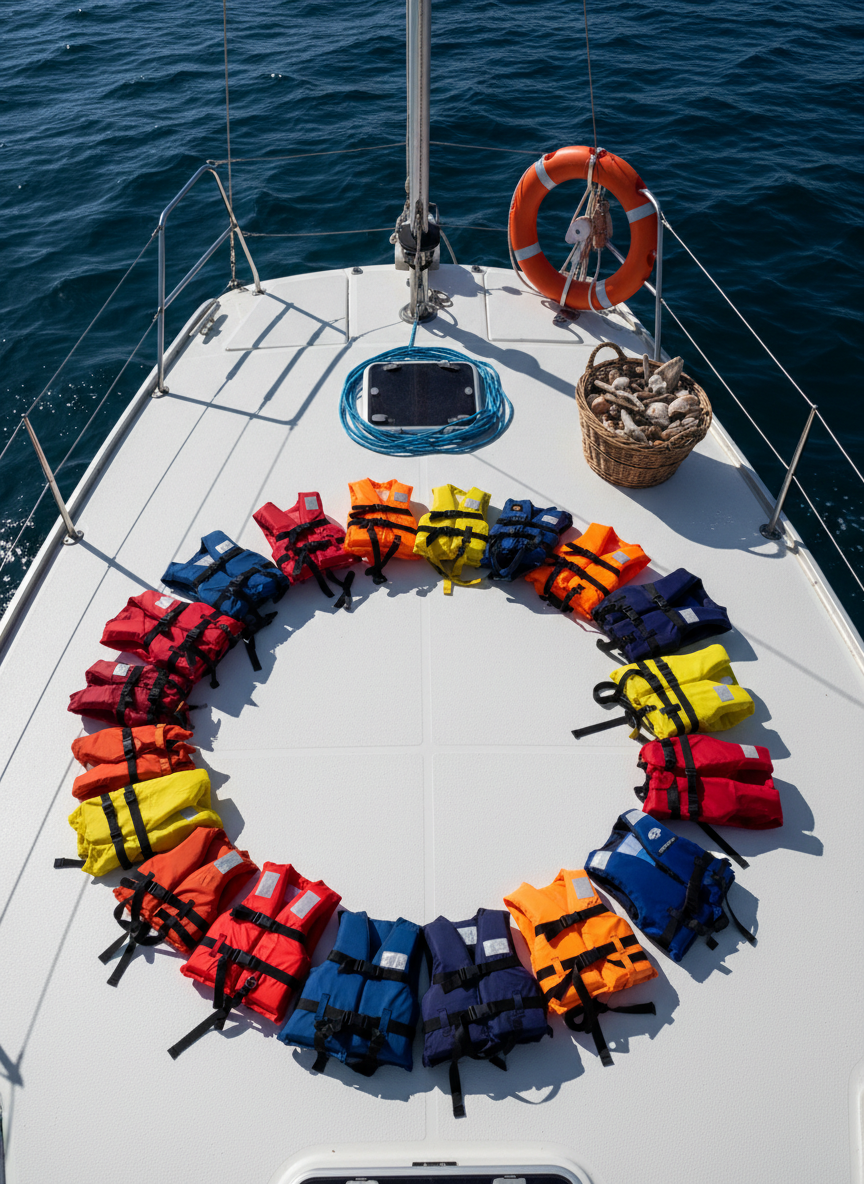 An overhead, bird’s-eye view of a wide sailboat deck during a playful ocean outing, captured in photographic realism but without any visible people. Colorful life jackets, varied in sizes and styles, are arranged in a loose, organic circle on the non-slip white deck, suggesting diverse ages and abilities welcome aboard. Nearby, a bright orange safety ring, a coiled blue rope, and a small basket of seashells and smooth driftwood add tactile, healing-on-the-ocean elements. The sun is high, casting crisp, defined shadows and making the colors pop against the neutral deck. The composition is balanced yet lively, with the circle of gear creating a sense of community, play, and shared experience in a joyful maritime atmosphere.