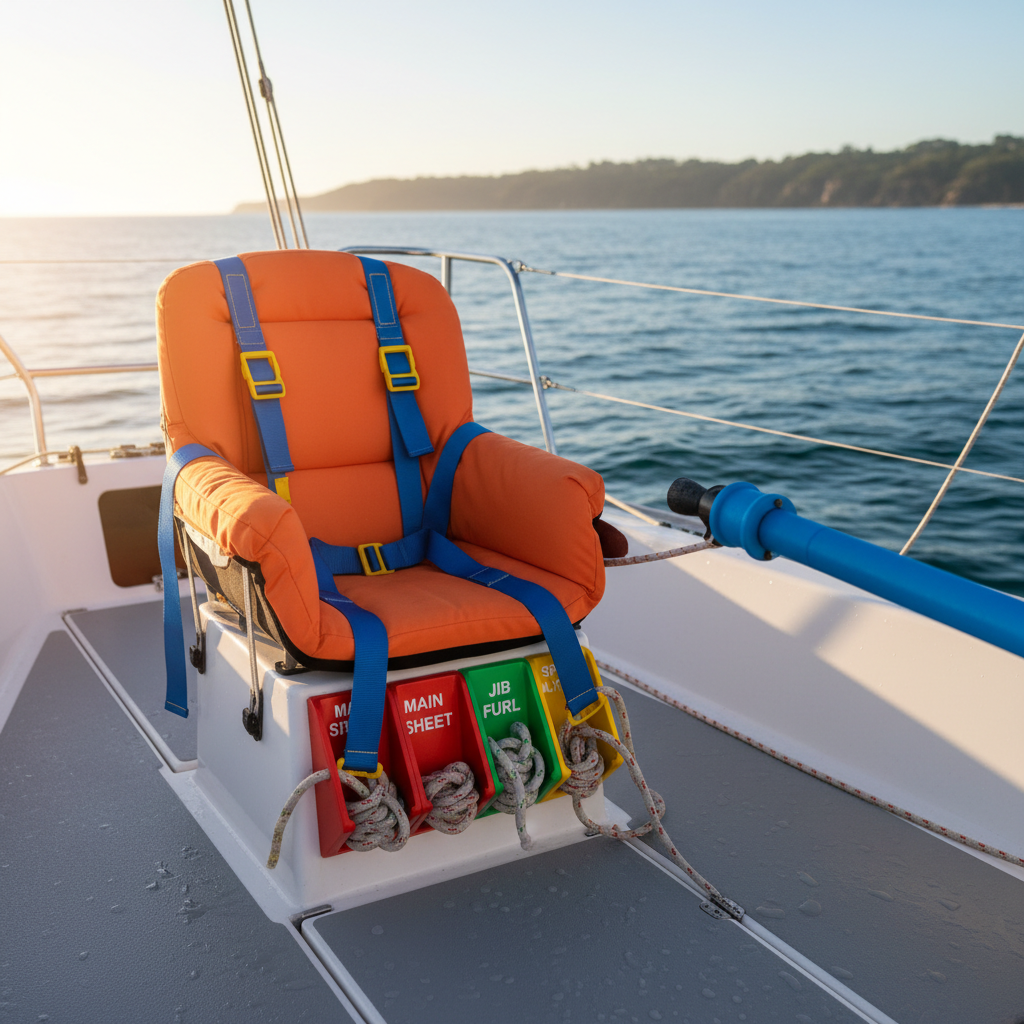 A close-up, photographic realism shot of a sailboat’s cockpit, showcasing adaptive and accessible sailing equipment: a brightly colored padded seat with supportive straps, easy-grip rubberized tiller extension, and clearly labeled, oversized control lines neatly organized in contrasting colors. The non-slip textured deck surface glistens slightly with a light ocean spray. Soft morning sunlight streams in from the side, casting gentle shadows that reveal texture on the materials. The background shows a softly blurred horizon line of open water and a faint coastline, hinting at freedom and safety combined. The composition is framed from a slightly elevated angle, emphasizing the equipment’s thoughtful design and the playful, inclusive spirit of the sailing program without depicting any people.