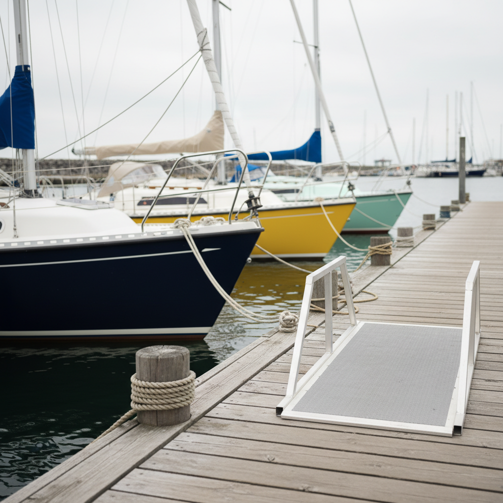 A cozy harbor dock scene featuring a small fleet of docked sailboats, each with different colored hulls—navy blue, sunshine yellow, and seafoam green—tied with thick braided ropes to weathered wooden cleats. The dock planks show soft wear, and a lightweight portable ramp indicates accessible, barrier-free boarding, all without any visible people. Soft overcast light creates even, diffused illumination, gently reflecting in the rippling water. The mood is inviting and calm, suggesting readiness for inclusive adventure. Captured at eye level in photographic realism, the composition leads the viewer’s eye along the dock into the distance, with subtle depth of field keeping both foreground details and background masts and sails in sharp focus.